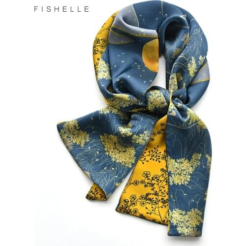 Printing blue small yellow flower 100% silk scarf women luxury silk scarves brand hijab headband bandana ribbon handkerchief