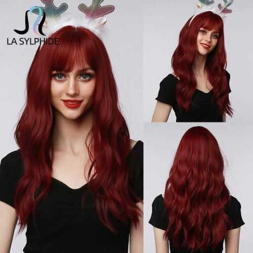 La Sylphide Synthetic Wig Long Natural Wavy Wine Red with Bangs for Women Cosplay Party Club Daily Wig Heat Resistant Fiber
