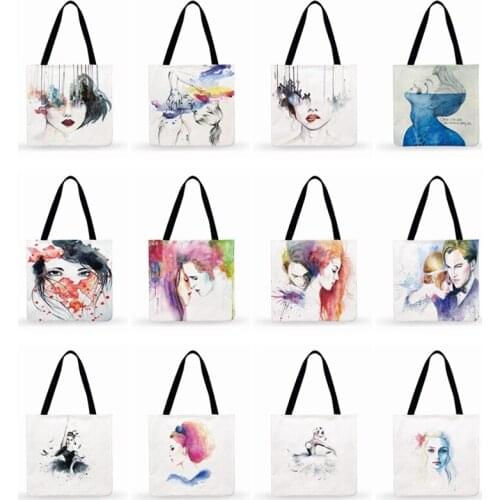 Foldable Shopping Bag Watercolor Art Figures Printed Tote Bag For Women Casual Tote Outdoor Beach Bag Ladies Shoulder Bag