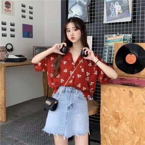 Women Summer Korean Style Loose Lapel Short-sleeved Design Chiffon Shirt New Retro Hong Kong Style All-match Blouse