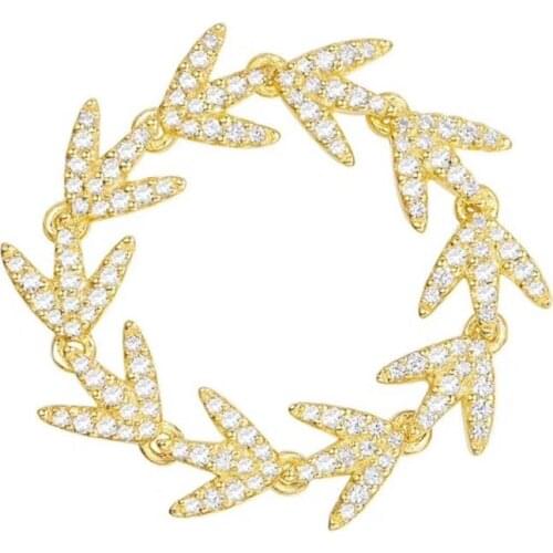 High Quality 925 Sterling Silver Yellow Gold Color Laurel Leaves Ring Micro Cubic Zirconia Stones Women Luxury Jewelry