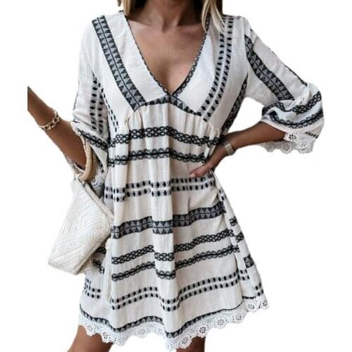Women Dress V Neck Loose Elegant Ladies Lace Stitching Dress for Vacation