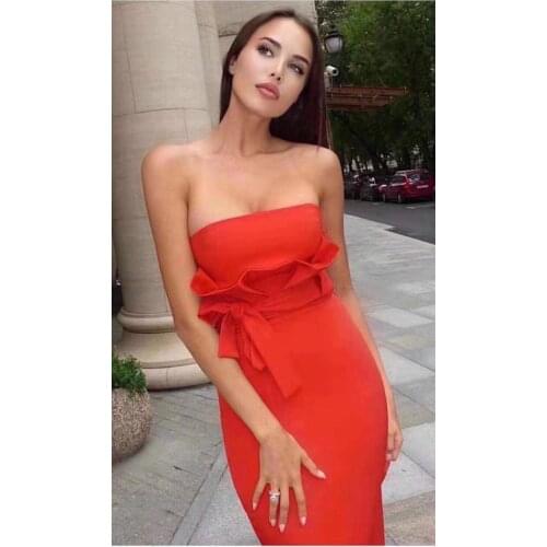 Wholesale Celebrity High Quality Red Sleeveless Strapless Rayon Bandage Dress with Belt Evening Party Elegant Dress