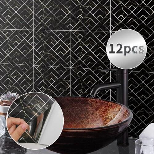 12Pcs Geometric Mosaic Metal Wind Flashing Tile Stickers Kitchen Bathroom Self-adhesive Background Wall Decoration Stickers
