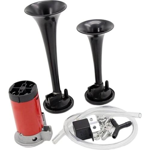 12V DC Super Loud 130db Dual Trumpet Air Horn Compressor Kit, Premium Quality Car Vehicle Train Horn Kit (Black)