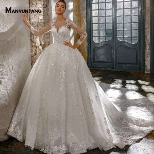 2021 Hot Sale Cathedral Train Embroidery Appliques Tulle Wedding Dress Luxury Full Sleeve O-Neck Lace Up Back Bridal Ball Gown