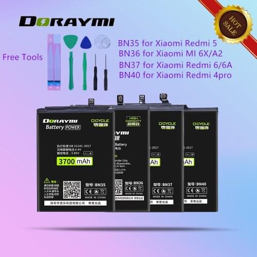 DORAYMI BN36 Battery for Xiaomi MI 6X A2 MI6X MIA2 Phone Batteries BN35 BN37 BN40 for Redmi 4 Pro 5 6 6A Replacement Bateria