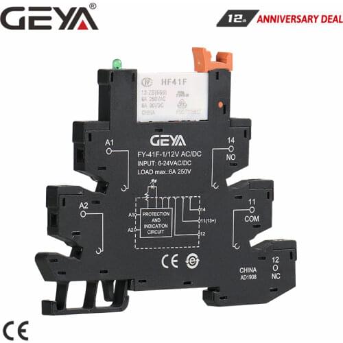 GEYA Slim Relay Module Base with Hongfa Relay 12VDC/AC or 24VDC/AC OR 230VAC Relay Socket 6.2mm thickness