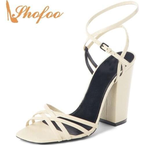 White High Chunky Heels Sandals Woman Cross Ankle Buckle Strap Large Size 11 15 Soft Leather Ladies Shoes Elegant Fashion Shofoo