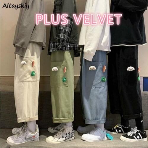 Cargo Pants Women Couple Unisex Velvet High Waist Trouser Japanese Syle Cuffs Ankle-length Pockets BF Streetwear Cute Harajuku