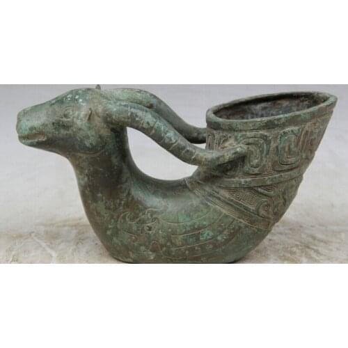 Fast shipping USPS to USA S2044 9" Old Chinese dynasty Bronze Sheep Goat Head Statue wineglass cup Cann goblet