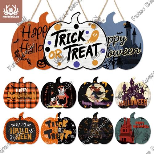 Putuo Decor Halloween Wood Sign Pumpkin Shape Wooden Plaque Trick or Treat Hanging Sign Ghost Castle Witch Home Wall Decor Gift