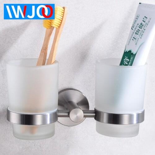 Cup Tumbler Holders Stainless Steel Toothbrush Cup Holders Set Double Glass Cup Wall Mounted Toothpaste Rack Bathroom Hardware