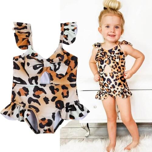 Kids Girls Leopard Print Jumpsuit Swimwear V-neck Sleeveless Hollowing Out Short Pants One-piece Bownot Swimsuit