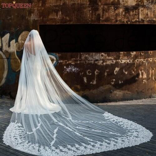TOPQUEEN V108 Bridal Veils Long Cathedral Style Veu of Bride 4 Meters Royal Wedding Veil Edged in Romantic Eyelash Lace Floral