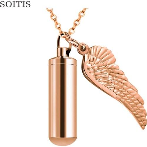 SOITIS Rose Gold Angel Wing Pendant Decorative Keepsake Gift Clyinder Vial Cremation Urn Necklace Perfume Bottle for Women