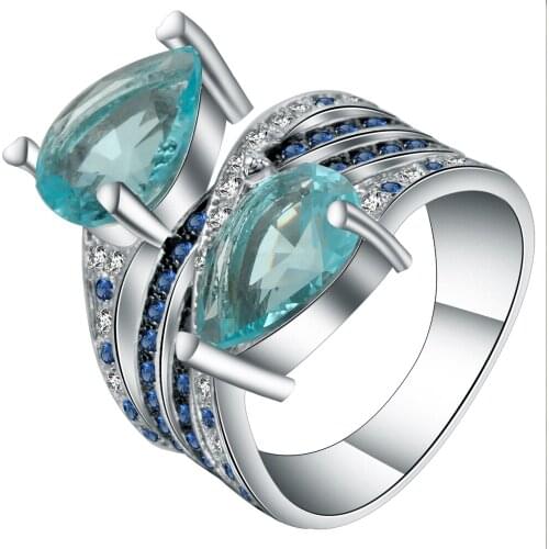 UFOORO Exquisite Water Drop Blue Zirconia Rings Jewelry White Gold Filled New Multi-layered Finger Rings For Women Custom Rings