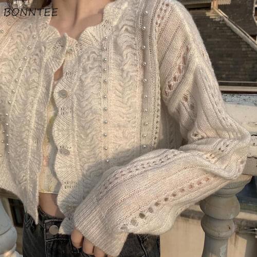 Cardigan Women Apricot Kawaii Girls Sweet Pearls All-match Elegant Fairy Long Sleeve Crop Sweater Soft Fashion Vintage Female