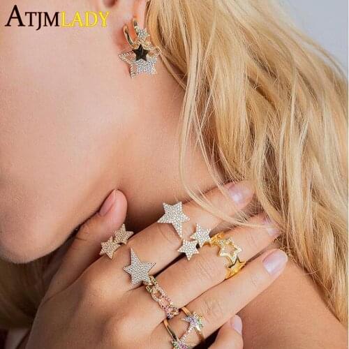 2019 Hot selling fashion rainbow jewelry sparking bling colorful cz paved Open adjusted star ring with earring sets for women