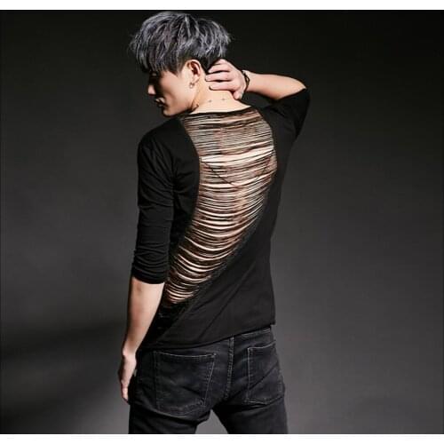 Hot New Fashion Hollow Short-sleeved T-shirt For Mens Tide Hairstylist Personality Nightclub Ds Dj Tops Singer Stage Costumes