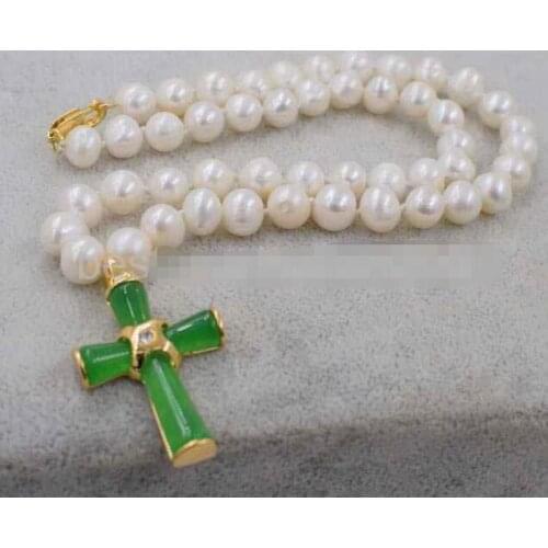 Nature freshwater pearl white 8-9MM necklace green cross pendant 18"
