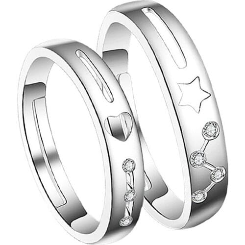 Zircon Start Heart Resizable Open Rings Silver Color Jewelry Rhinestone Couple Rings For Lover Women Men Lady Girl Boy Gift