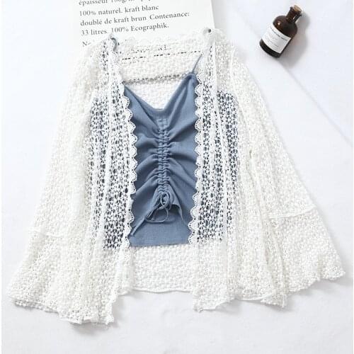 Pearl Diary Women Spring Summer Crochet Cardigan Beach Knitting Cover Up Flare Sleeve Scallop Edge Casual Crochet Kimono Tops