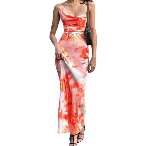 Women Sexy Slip Dress, Orange Tie-dyed Printed Pattern Sleeveless Boat Neck 1 piece,Summer Travelling Dating, S/ M/ L/ XL/ XXL