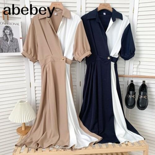 Korean turn-down collar short sleeve Dress hit color patchwork design high waist mid-length A-line Dress 2021 New Summer