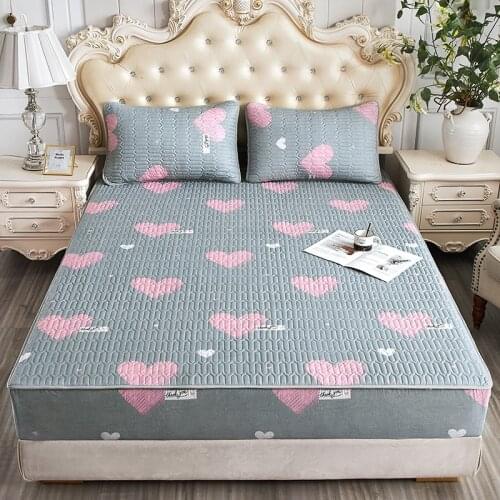 Bedding Brushed Fabric Quilted Mattress Cover Elastic Band Single Double Bed Fitted Sheet Cartoon Print Bedspread Washable
