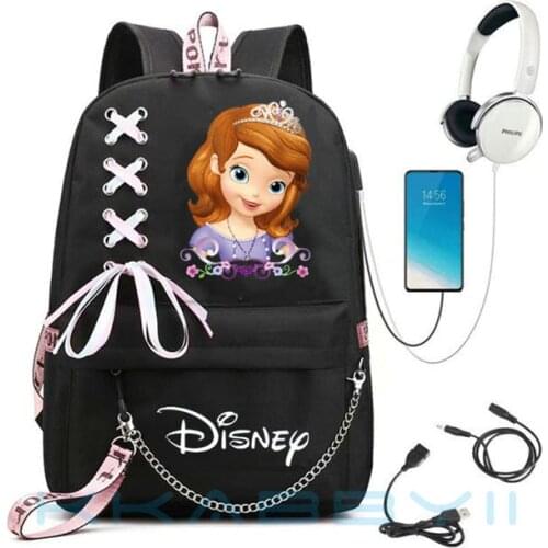 Disney Sofia Princess Chain Backpack For Women USB Charge Canvas Student Backpack For Teenagers Boys Girls School Bag
