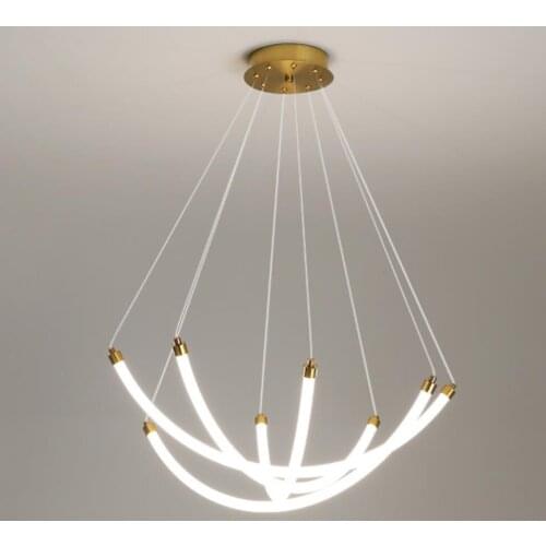New Design LED Pendant Lamp Hotel Hall Foyer Office Restaurant Hanging Light Fixtures Acrylic Gold Metal Cord Suspension
