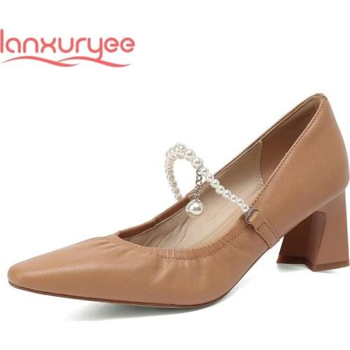 Lanxuryee genuine leather small square toe high heels pearl decoration Korean street pretty girls dating sweet women pumps L13