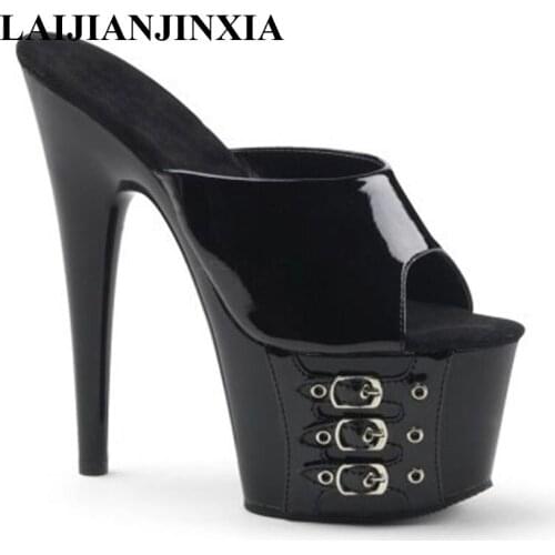 LAIJIANJINXIA 17 cm belt buckle ultra high heels, sexy night cool slippers, lady shoes temperament lacquer that bake Dance Shoes