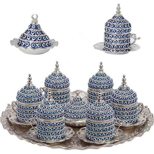 Turkish Coffee Set of 6 Vintage Arabic Style Blue Glass Evil Eye Coated Decorative Espresso Mug Unique Luxury Gift. اكواب قهوه