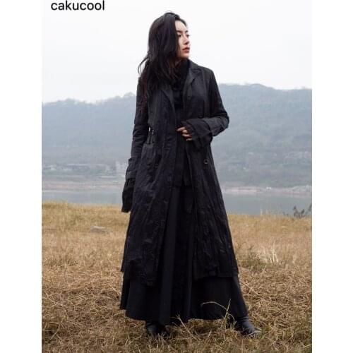 Cakucool 2019 Spring new dark wind black wire folds trim high waist retro medium long windbreaker womens coat jacket