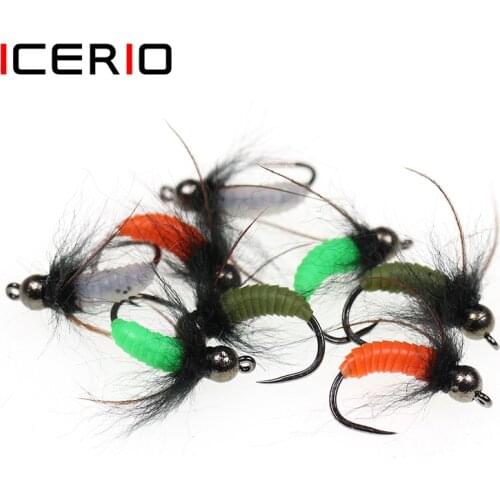 ICERIO 8PCS Tungsten Bead Czech Hooks Fast Sinking Nymphs Sedge Pupae Worm Flies Trout Fly Fishing Lure Bait Barbless Hook