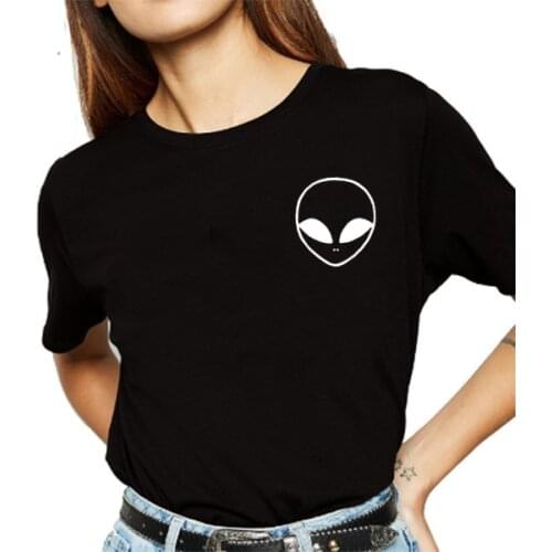 Alien Pocket Graphic Tee Women Short Sleeve Cotton T Shirts for Woman Black White Loose T Shirt Women Tops