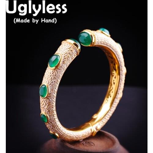 Uglyless Exaggerated Thick Silver Bangles for Women HOT Island Style Chalcedony Fashion Bangles Real 925 Silver Palace Jewelry