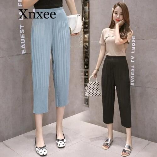 Elegant blue Women Slim Harem Pants Spring Summer Plus Size Bottom Chiffon Fold Calf-Length Pleated Trousers Pleated pants
