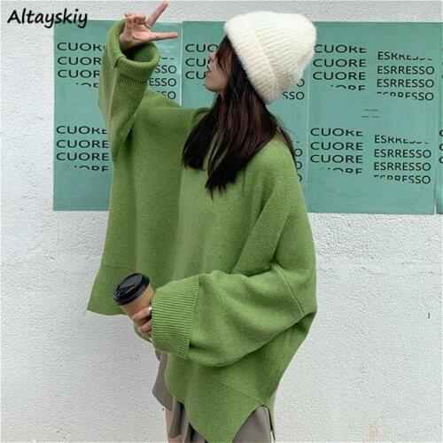 Sweaters Women All-match BF New Female Pullovers O-Neck Pure Spring Standard Side-slit Apricot Clothes Popular Long Sleeve Ins