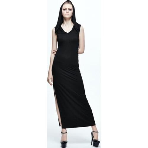 Gothic Sexy Black V-Neck Sleeveless Bodycon Slim Long Dress Fashion Club Hooded Costume Dress