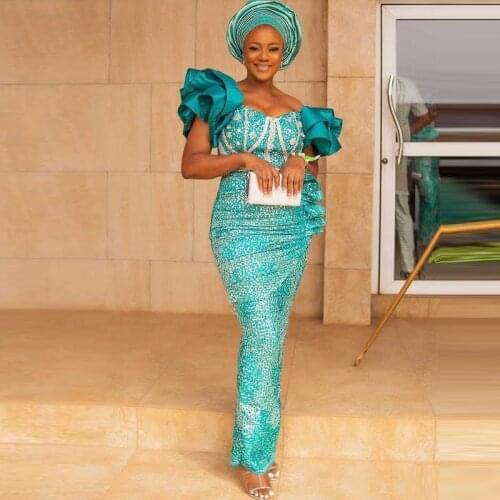 Plus Size Arabic Aso Ebi Prom Dresses Beaded Sheath Sequined Mermaid Evening Formal Party Gowns Off The Shoulder Ruffles Dreess