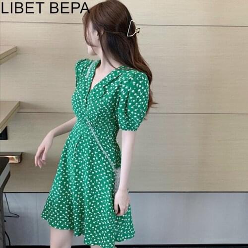 2021 New Summer Women Dresses Floral Notched High Waist Puff Sleeve Casual Fashionable Buttons Print Vintage Lady Dress DR8165