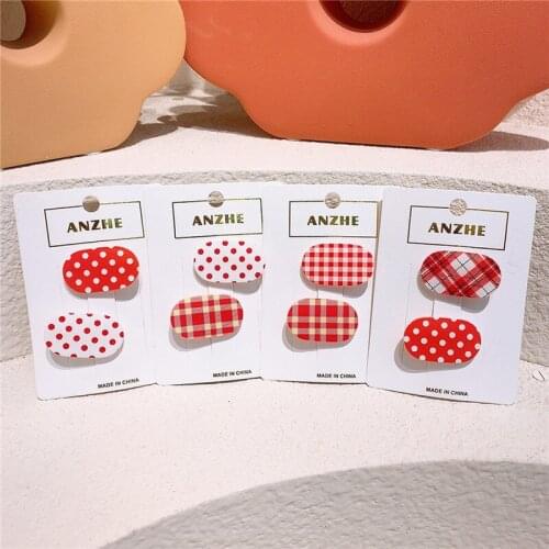 2 Pcs New Korean Childrens Hairpins Fashion Sweet Girl Princess Red Series Lattice Dot Oval Duckbill Clip Hair Accessories