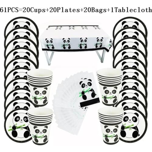 31pcs/61pcs Cute Panda Party Plates Cups Gift bag Tablecloth Baby Shower Birthday Decoration Kids Party Supplies For 20 people