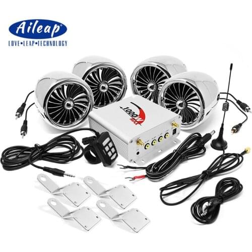Aileap 1000W Motorcycle Audio 4 Channel Amplifier Stereo Bluetooth Speaker with MP3 FM Radio USB SD Card for ATV/UTV/Boat/Marine