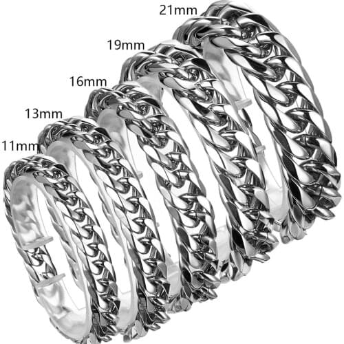 9/11/13/16/19/21mm Cool Strong 316L Stainless Steel Silver Color Cuban Curb Chain Gift Mens/Womens Wristband Bracelet 7-11inch