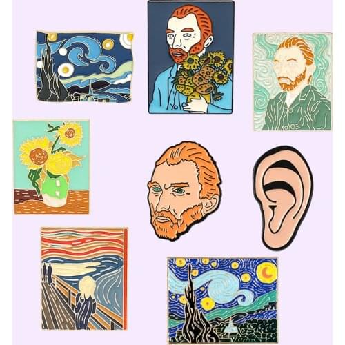 Van Gogh Brooches The Scream Sunflower The Starry Night Enamel Pins for Backpacks Artist Badge Metal Jewelry Gift 2021 Wholesale