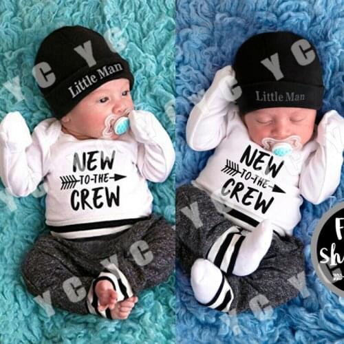 3Pcs Infant Baby Boy arrow print cotton Romper white Romper tops grey pants hat Outfit Clothesset kids Jumpsuit Playsuit